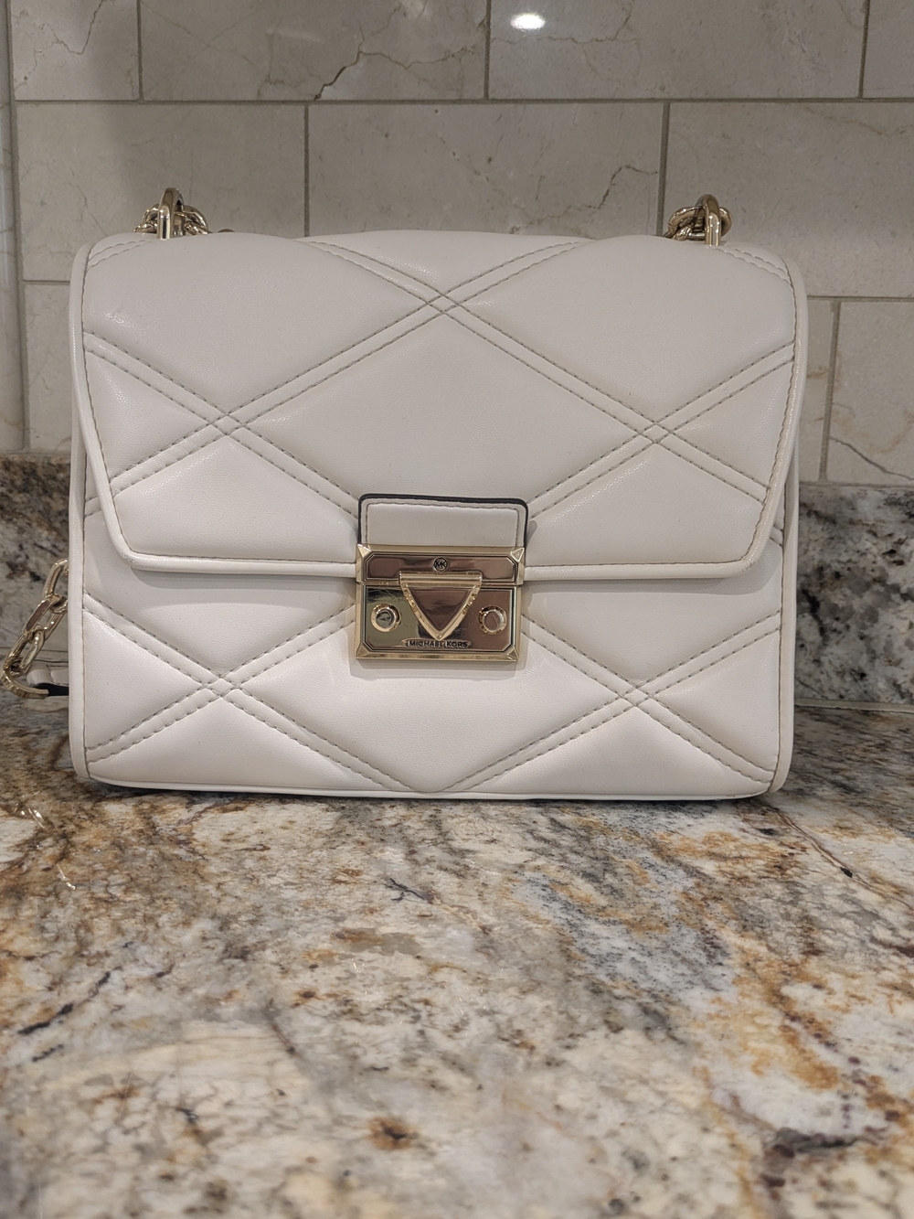 Michael Kors Quilted Cream Crossbody with Gold-Tone Lock